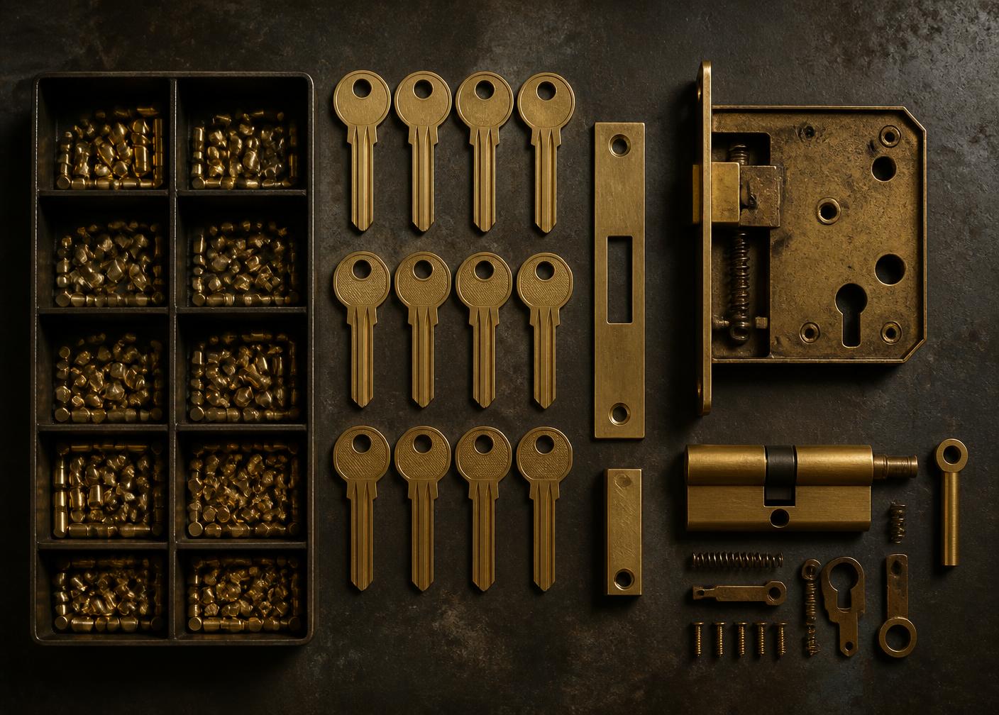 Brass key blanks, pinning tray and a disassembled mortice lock laid out on a workbench